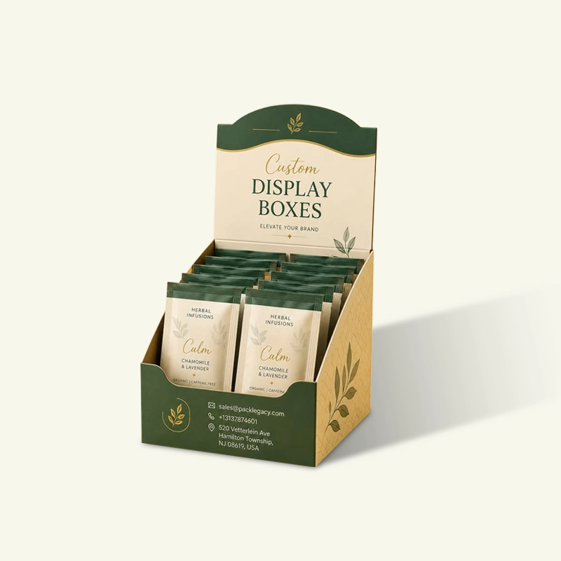 Custom counter display box with branded header holding packaged retail products