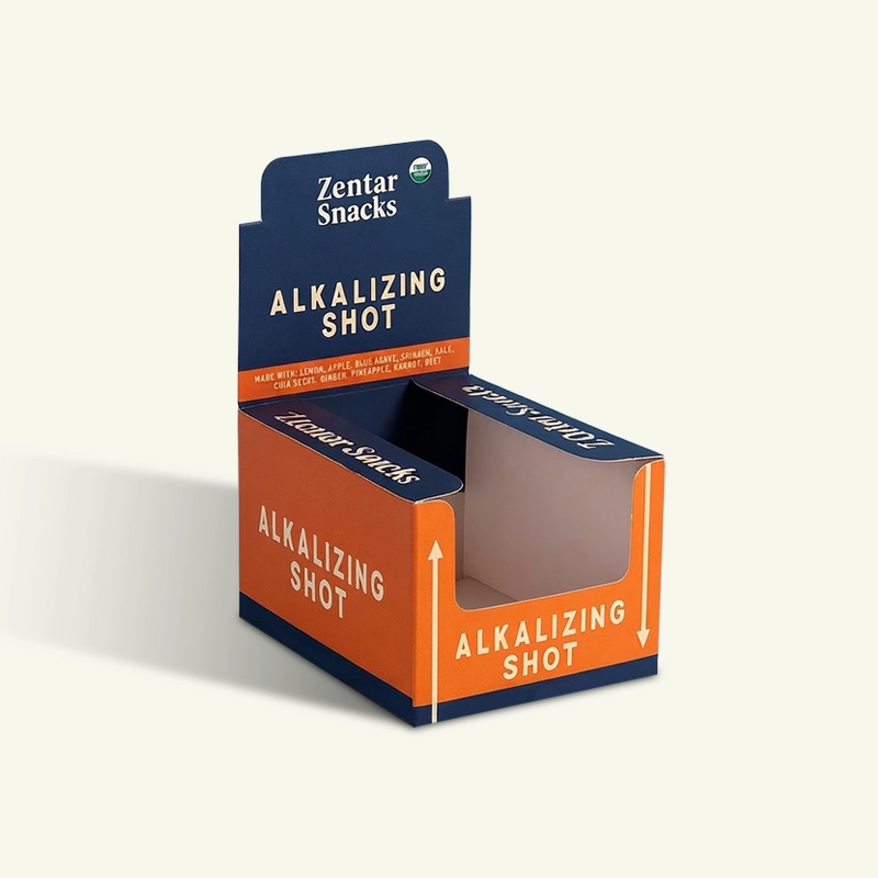 A premium custom counter display box featuring a printed header and compartment layout, ideal for showcasing retail products.