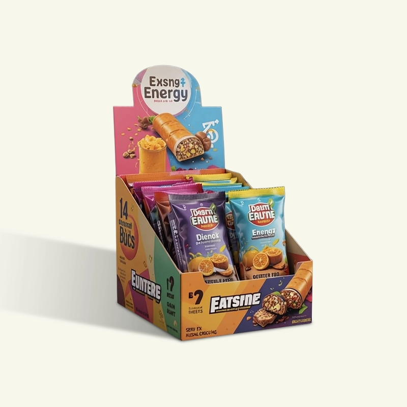 Colorful custom counter display box filled with individually wrapped retail items