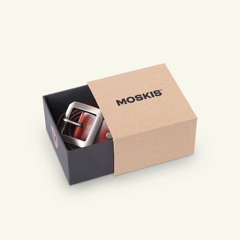 Black magnetic custom belt box with a rolled brown belt