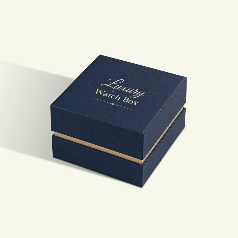 Luxury watch box with rigid lid and gold accent