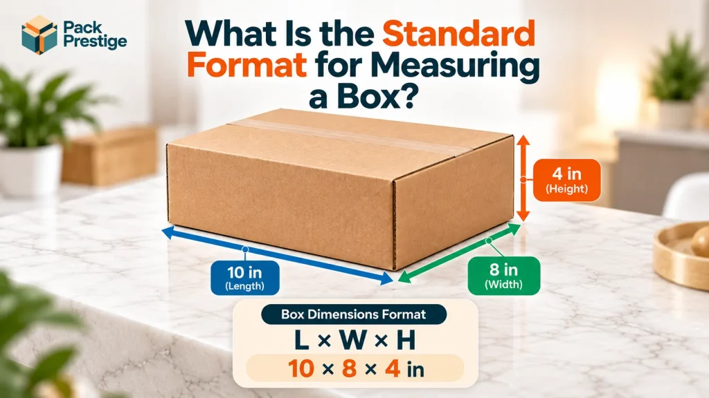 Standard box dimensions format showing 10 x 8 x 4 inches as L x W x H